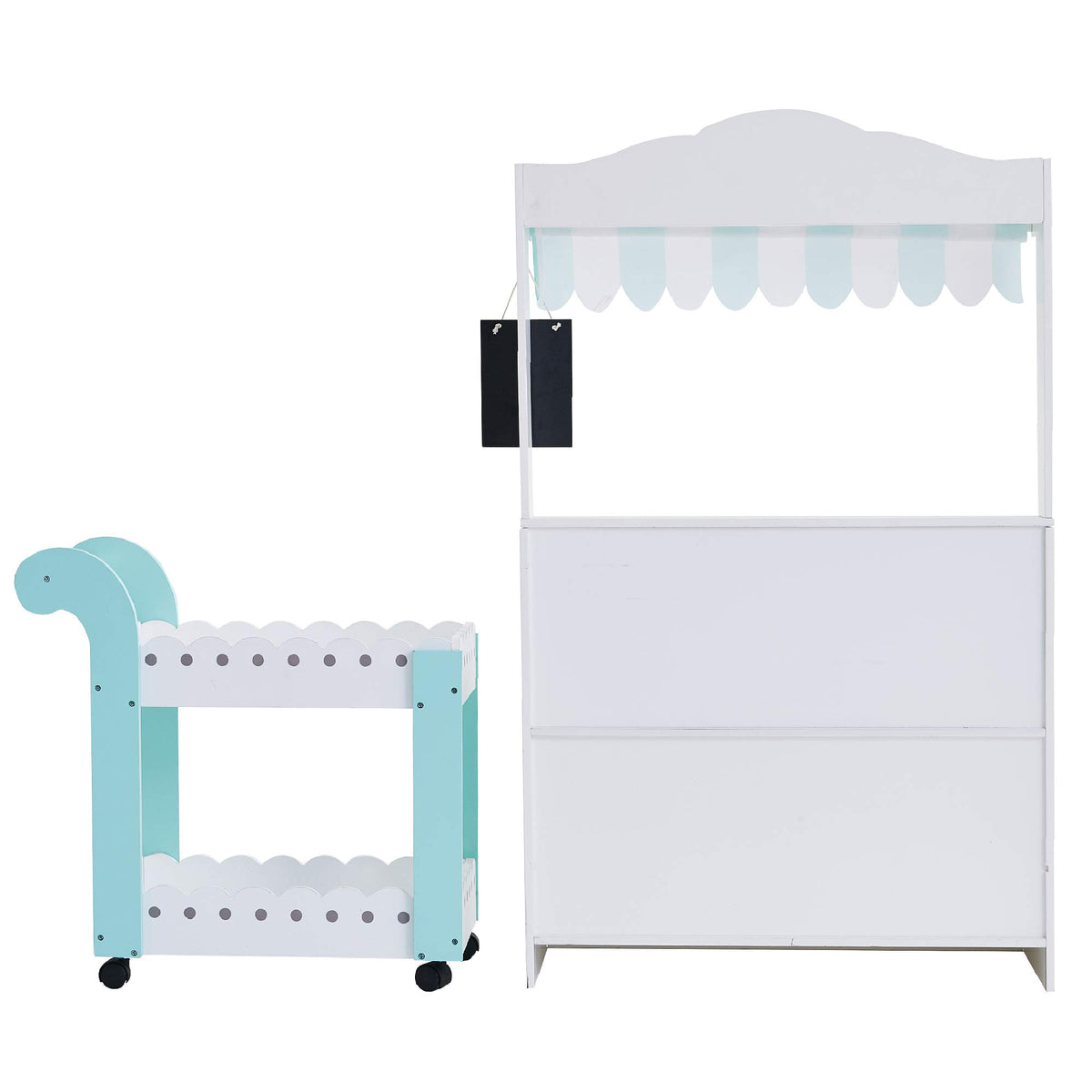 Bakery Stand awning features mint stripes to create a bright storefront.