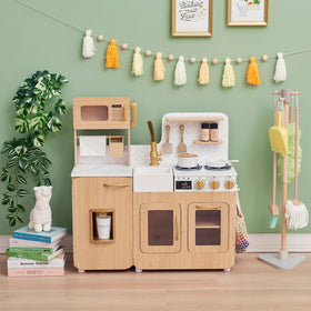 Teamson Kids Little Chef Cyprus kitchen side view, sleek oak and white finish complements decor.