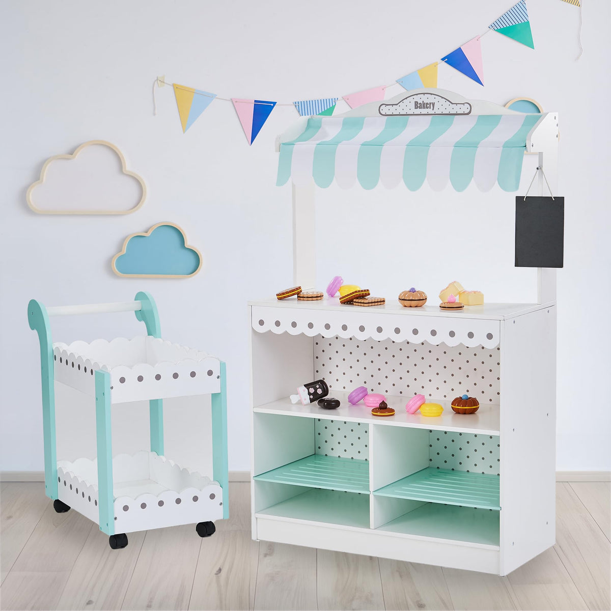 Teamson Kids My Dream Pastry Cart rolls smoothly for mobile pretend cafe.