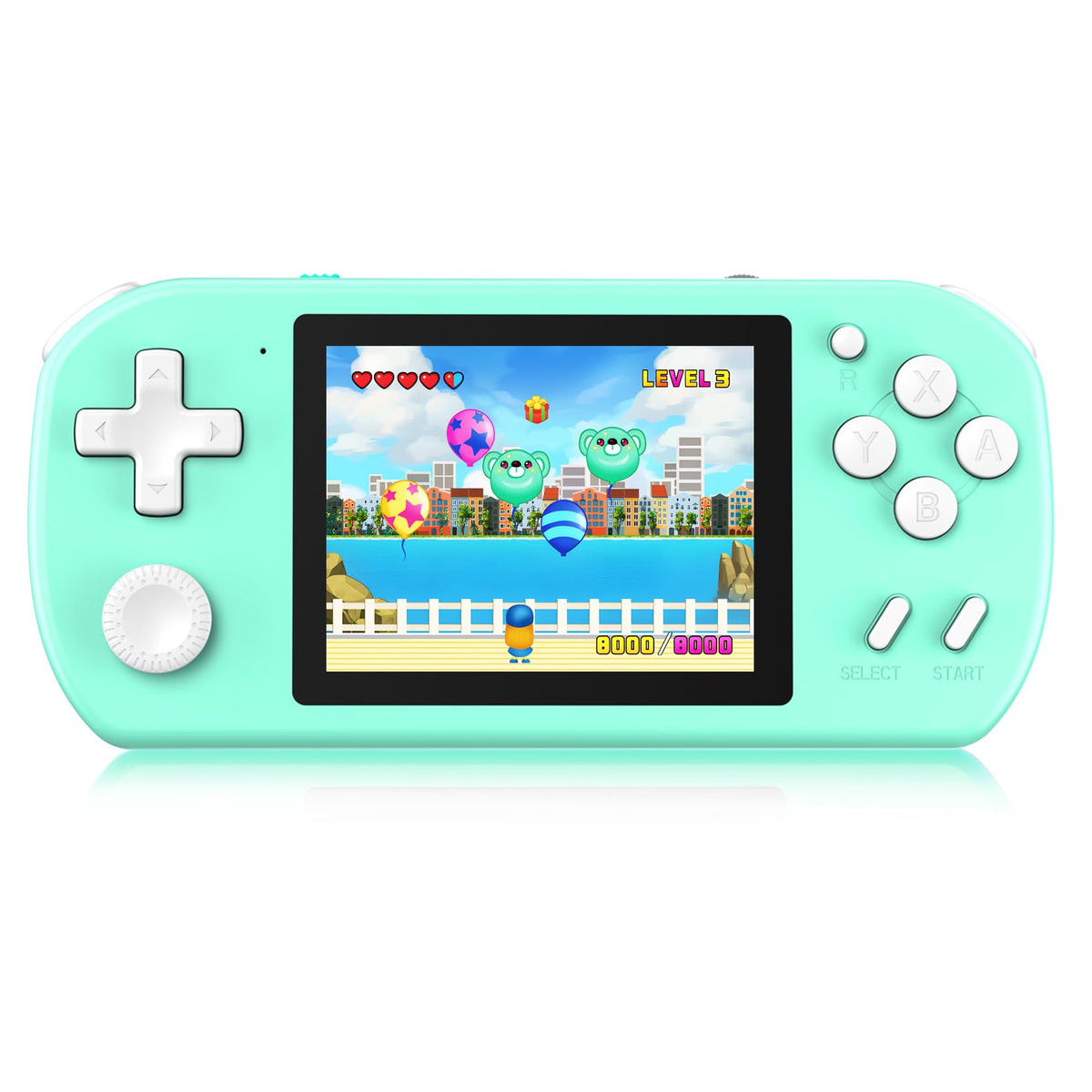 TEBIYOU handheld games console front view shows compact, kid-friendly design for portable play