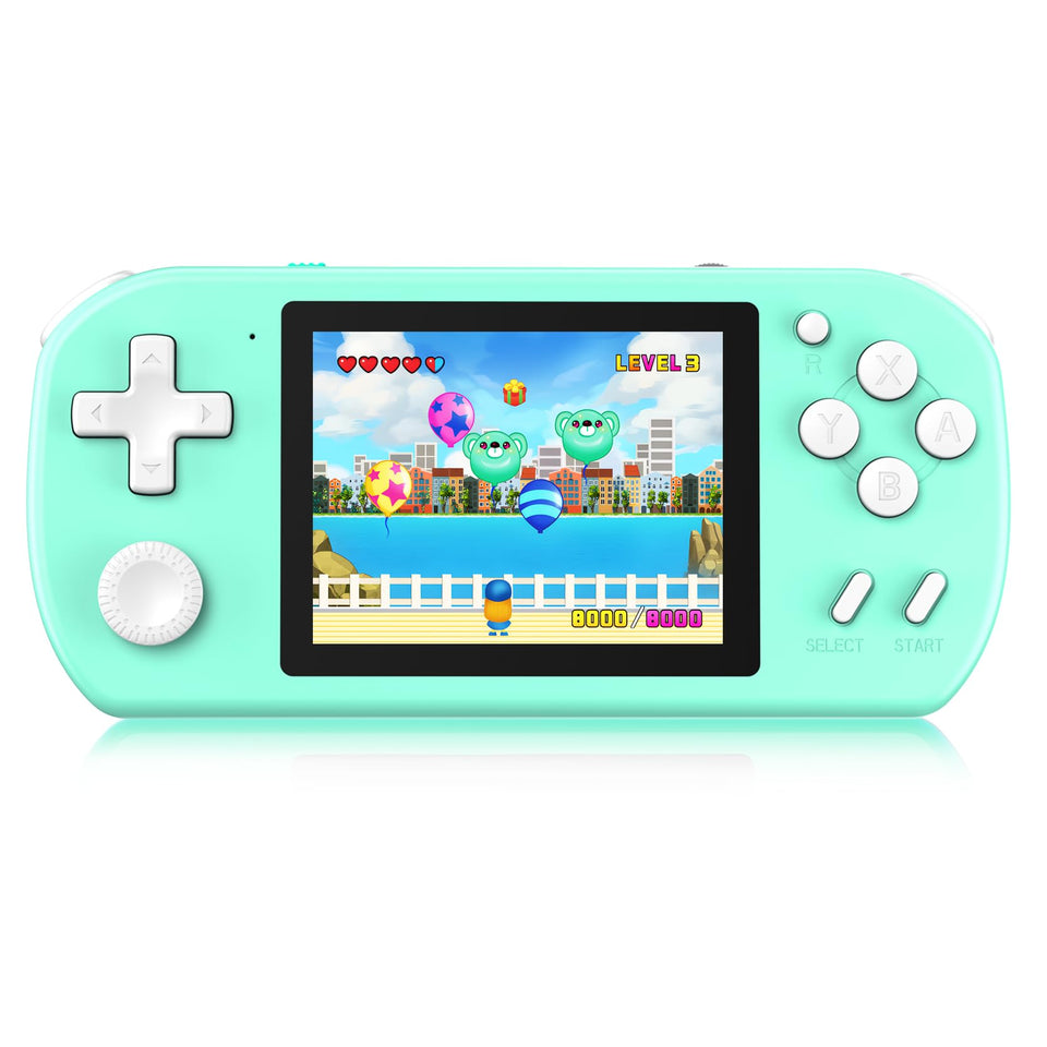 TEBIYOU handheld games console front view shows compact, kid-friendly design for portable play