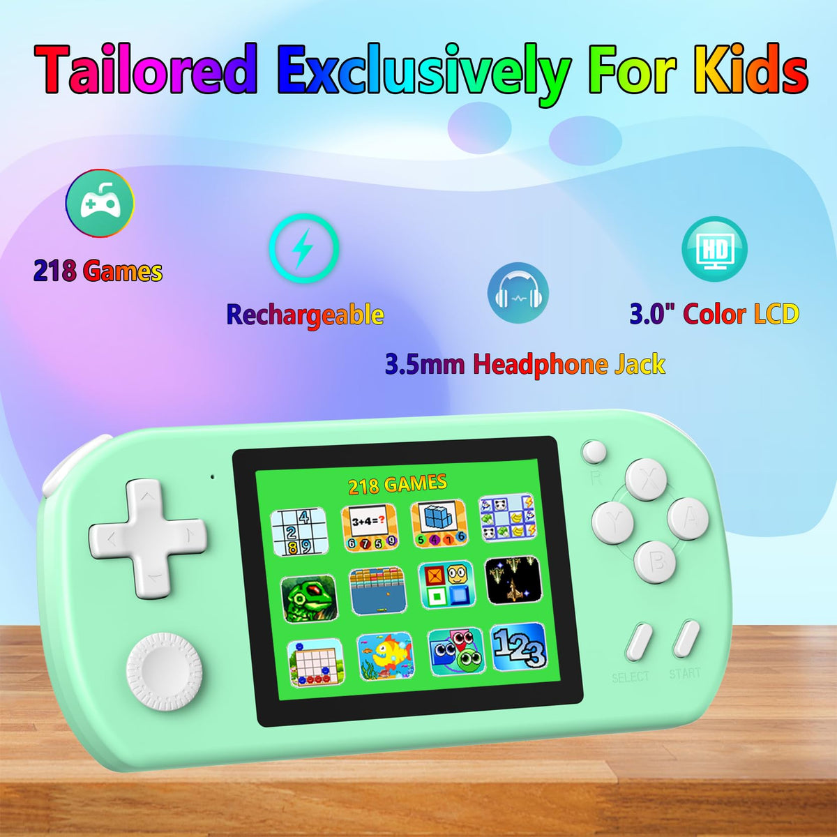 TEBIYOU handheld games console side profile highlights lightweight build for travel