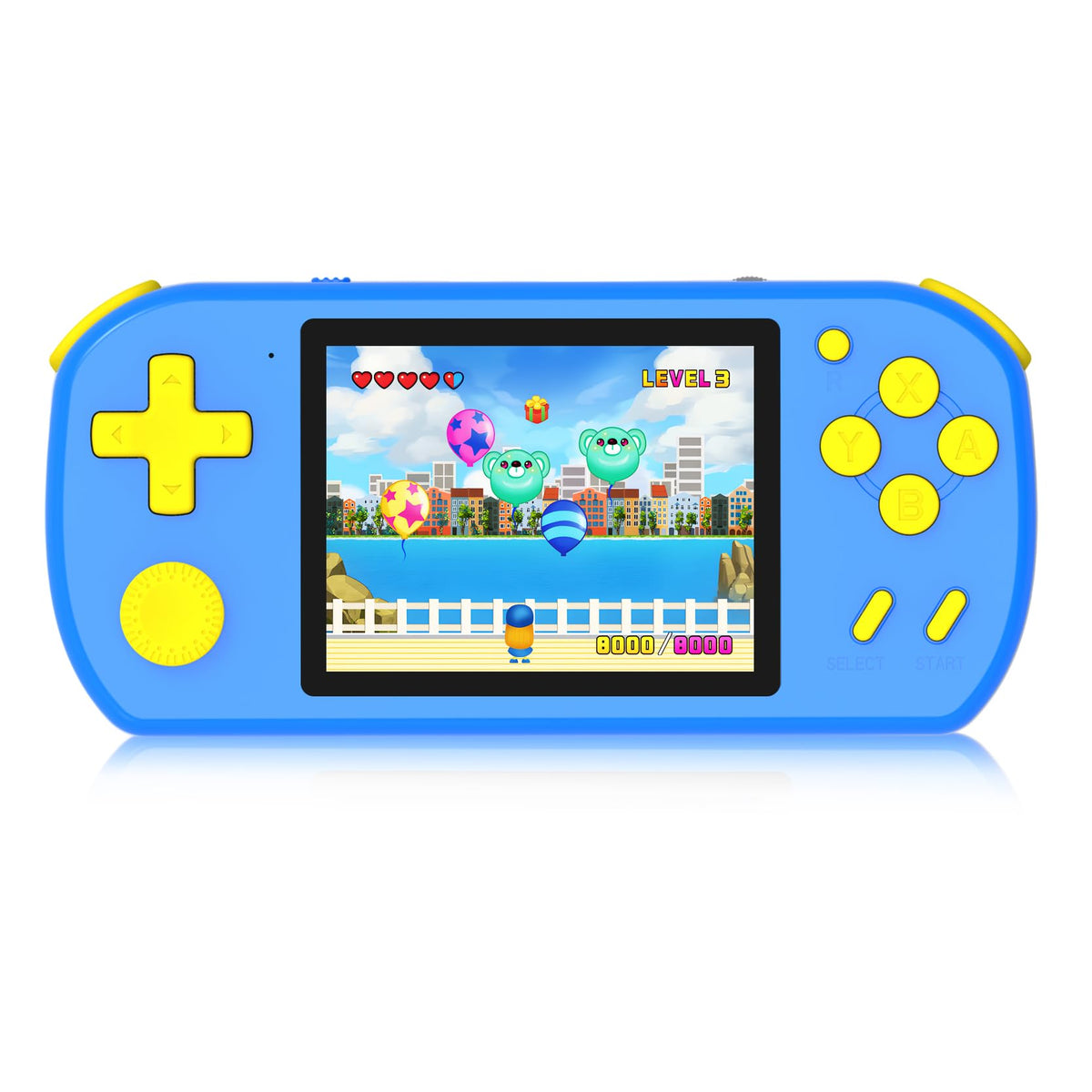 TEBIYOU handheld console with ergonomic grip designed for kid-sized hands.