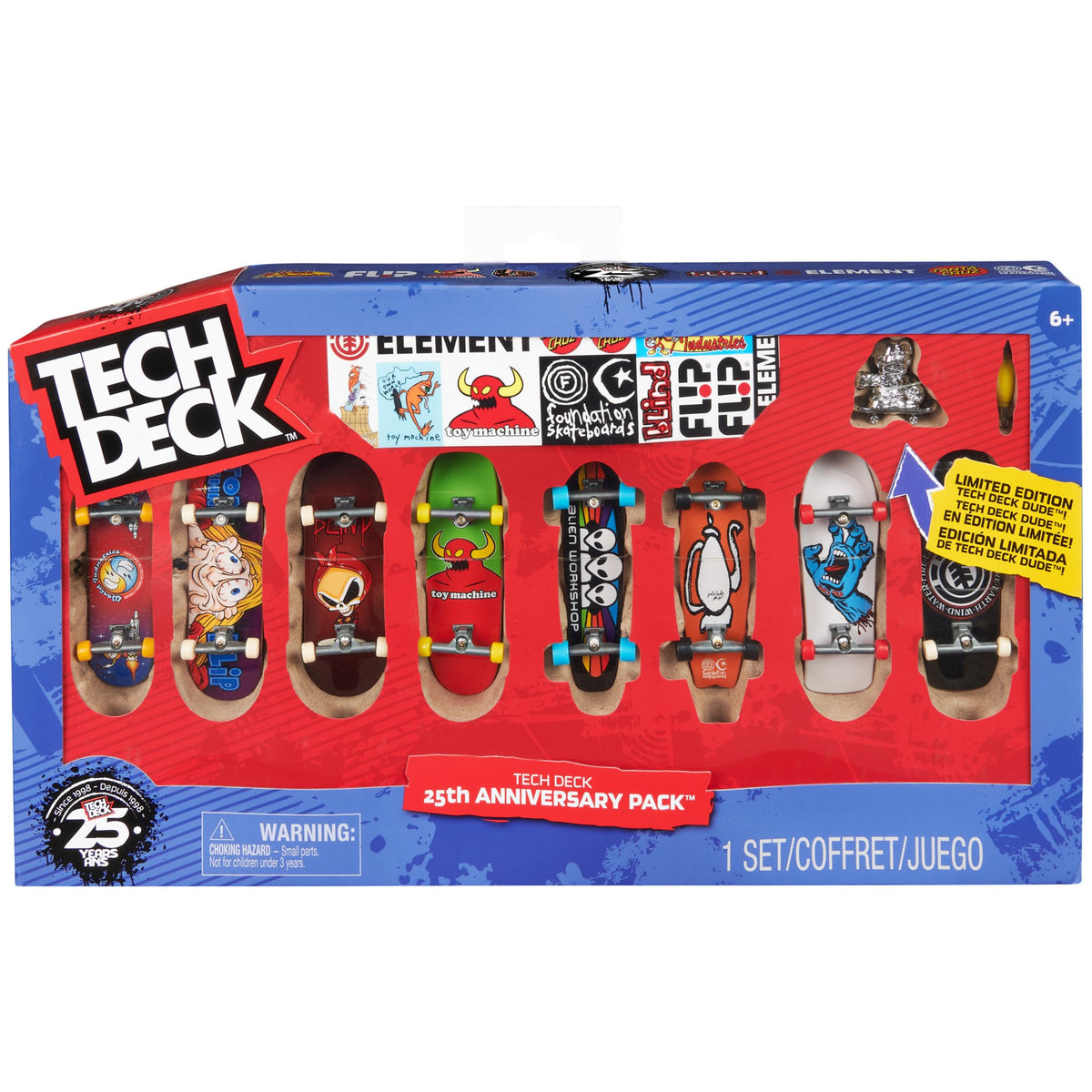 Tech Deck 25th Anniversary boards with authentic graphics for realistic fingerboard play.