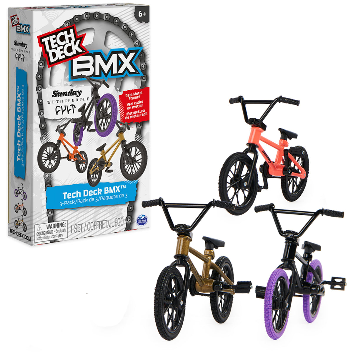 Tech Deck BMX Finger Bike 3-Pack front view showcases authentic graphics for collectors.