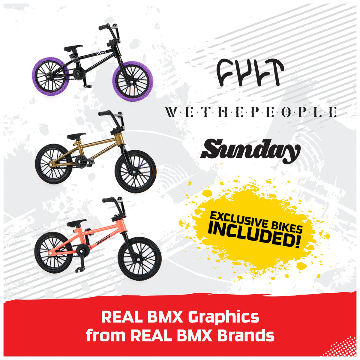 Tech Deck BMX Finger Bike 3-Pack graphics closeup highlights official brand graphics.