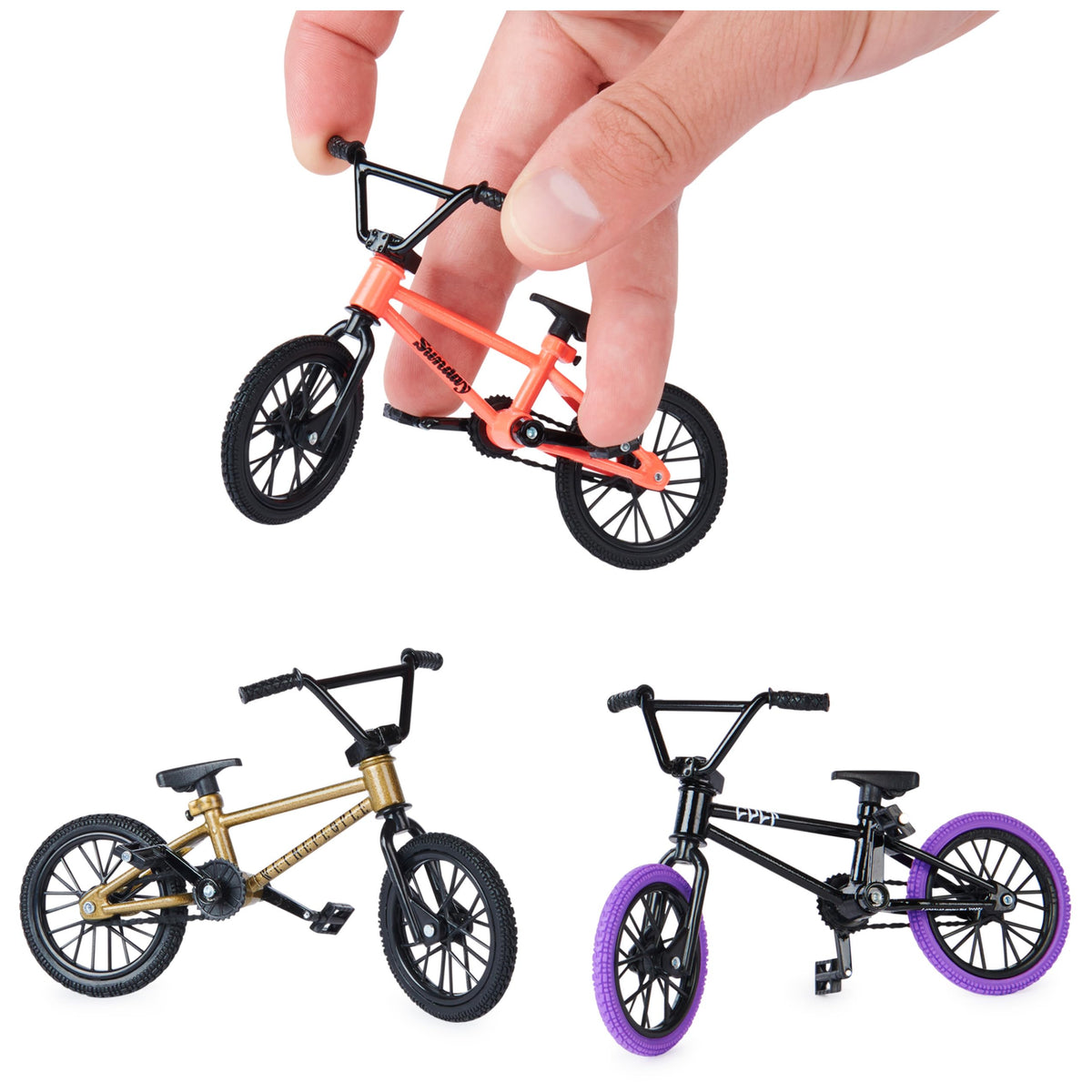 Tech Deck BMX Finger Bike 3-Pack side view highlights detailed metal frame and tires.