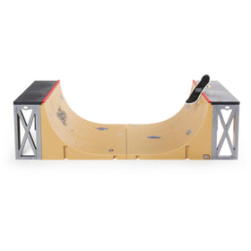 Tech Deck half-pipe assembly shows quick snap together setup for instant sessions.