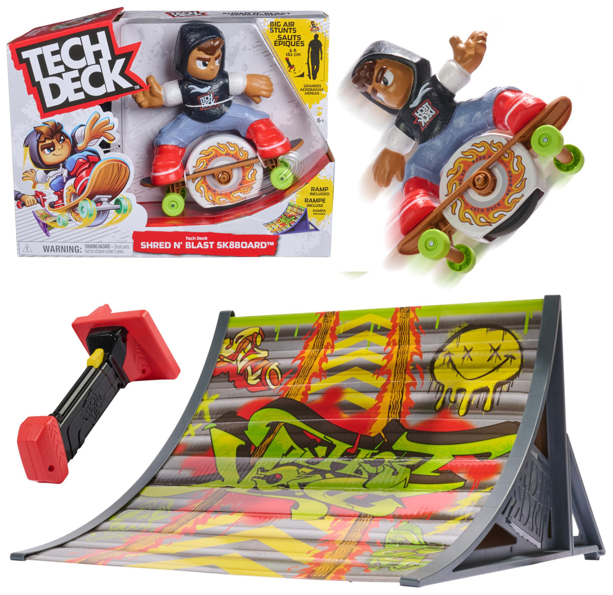 Tech Deck Shred N' Blast front view highlights motorized jumps for fast tricks