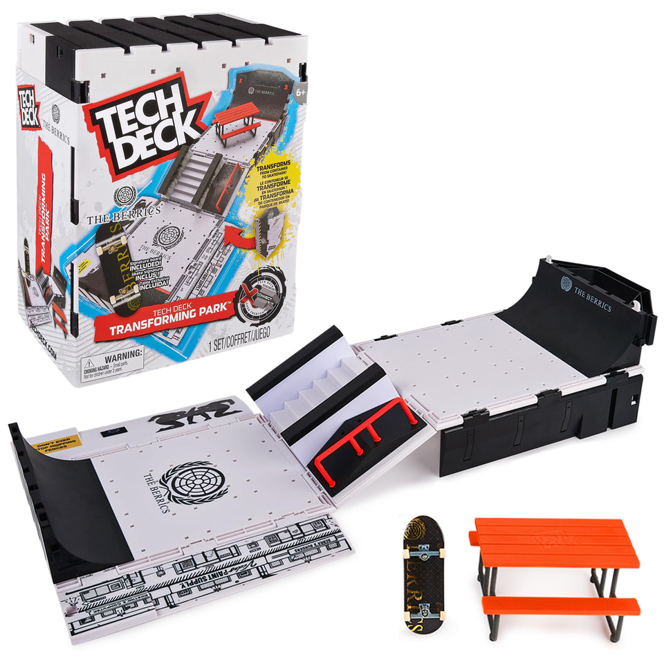 Tech Deck Transforming Park base showcases the expandable play zone for fingerboard tricks.