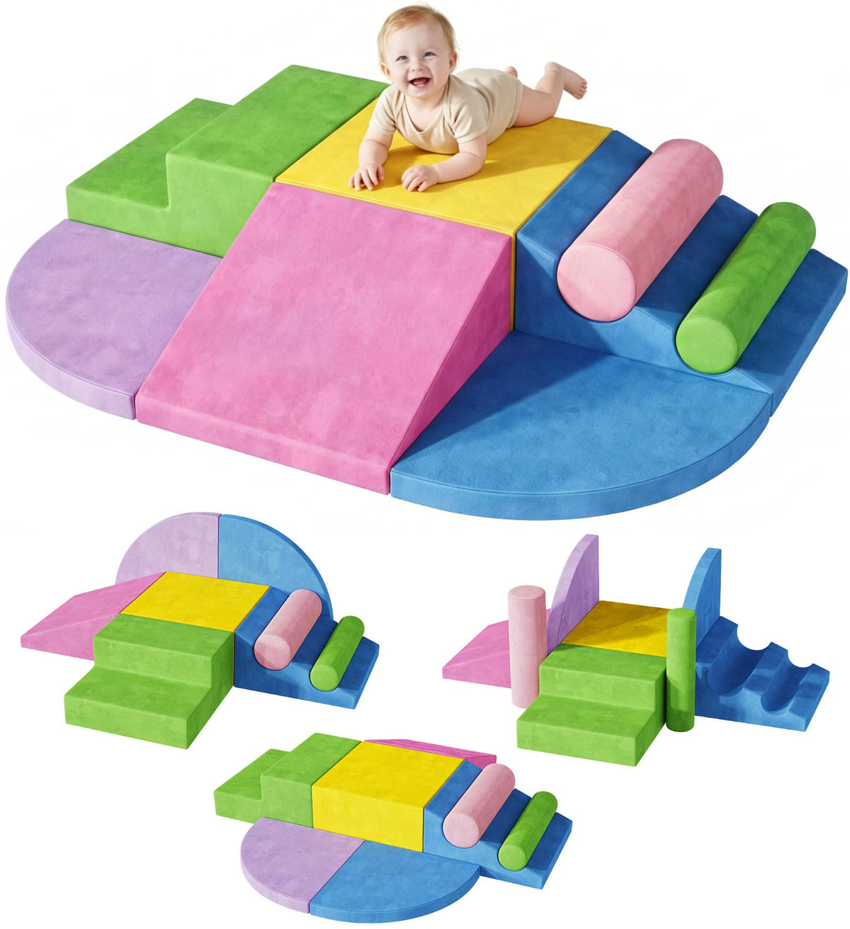 Teckid toddler climbing set with two stairs promotes safe cushioned ascent.