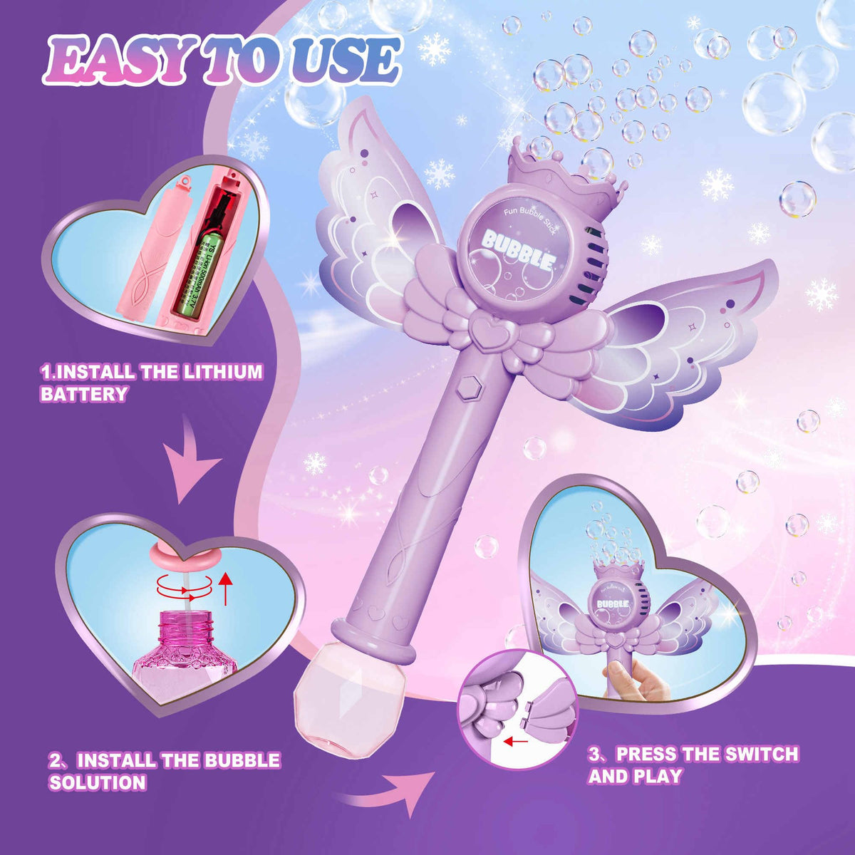 TECKMICO princess bubble wand blue featuring wings and bright bubbles.