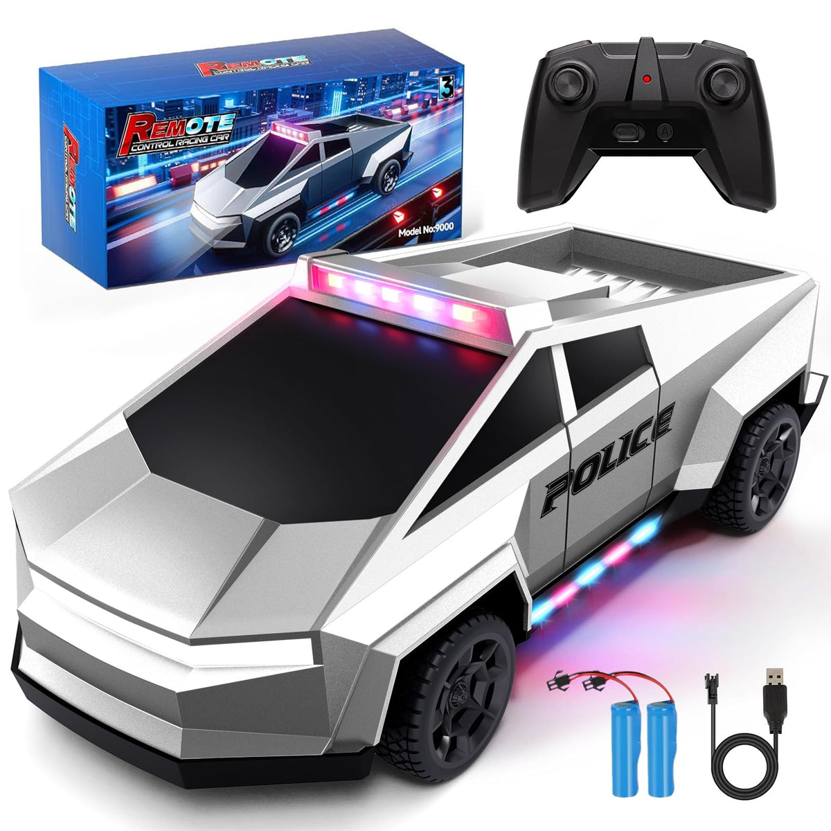Tecnock police RC truck with LED lights enhances nighttime patrol play and imagination.