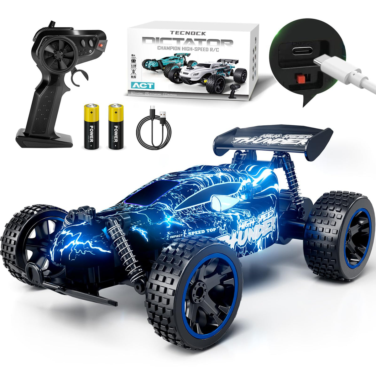 Tecnock RC car 1:18 front view with durable PVC shell for lasting play.