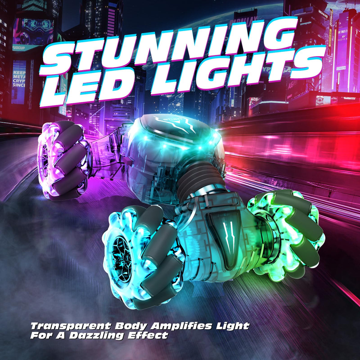 Tecnock RC car performing 360° spins for dynamic play.