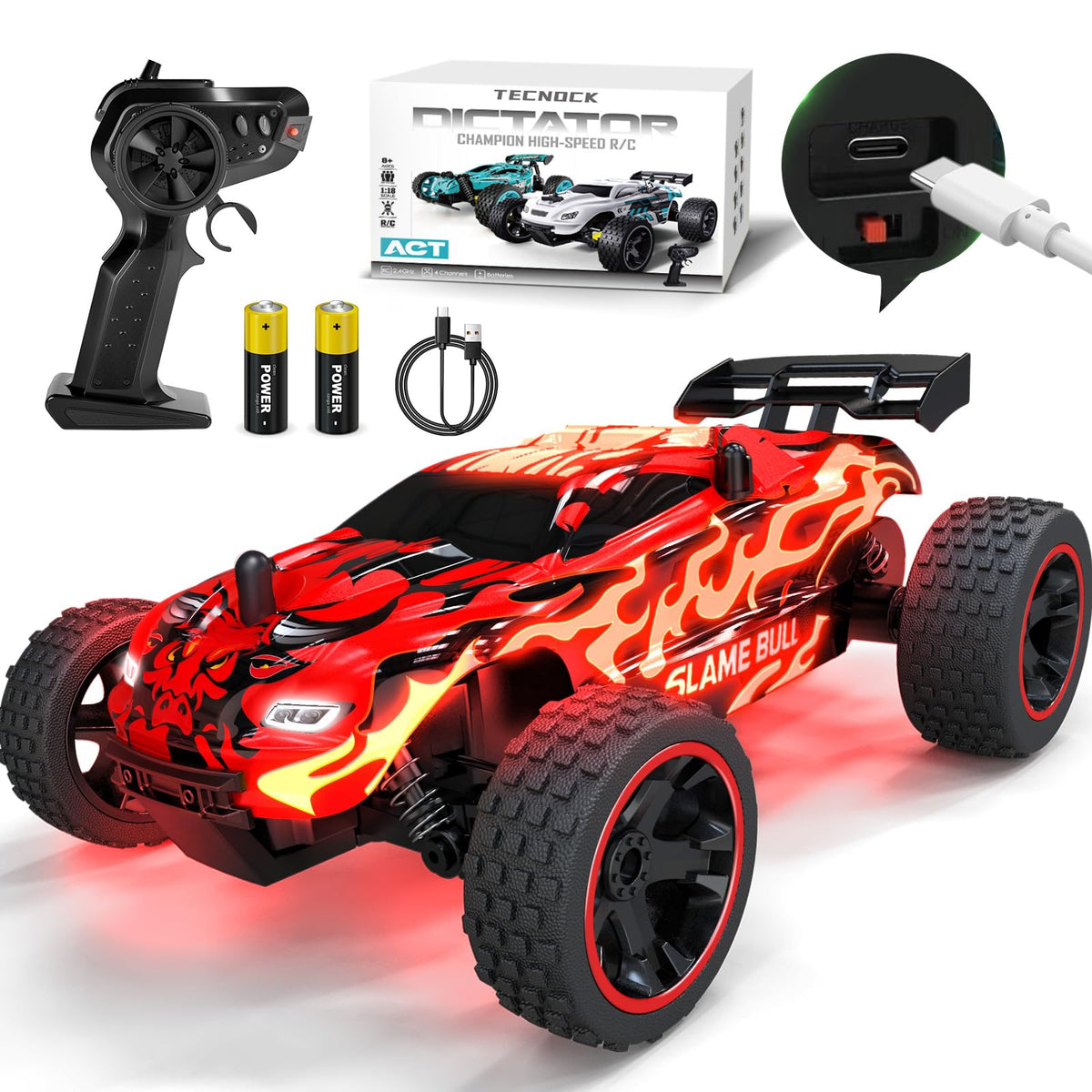 Tecnock RC car flame-design 1:18 scale speeding across carpet for learning play