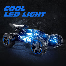 Tecnock RC car LED lights on for enhanced nighttime play.