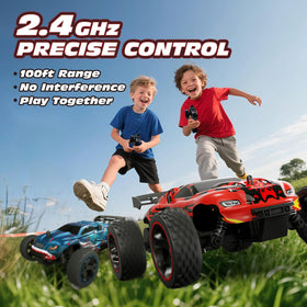 Tecnock RC car 1:18 scale in action with bold flame graphics