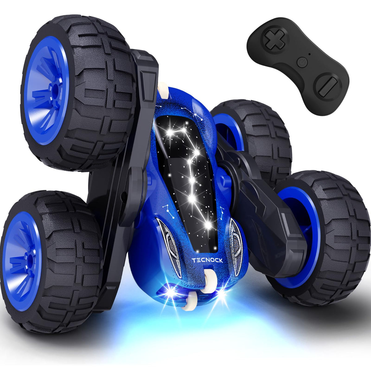 Tecnock remote control car with blue star design for immersive night driving.