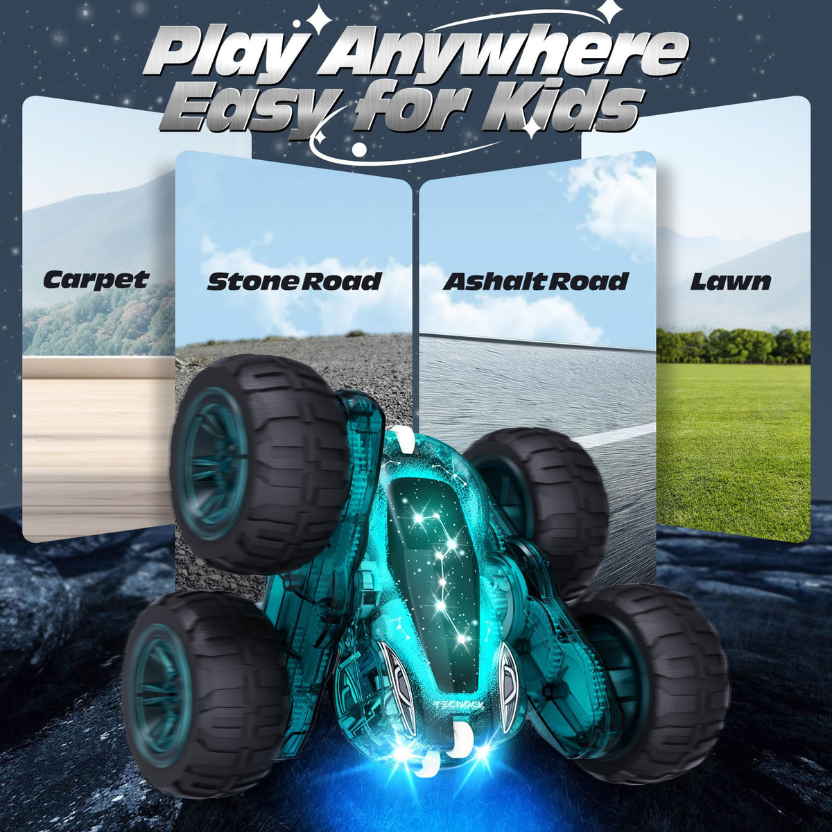 Tecnock double-sided RC car capable of rotation for stunts.