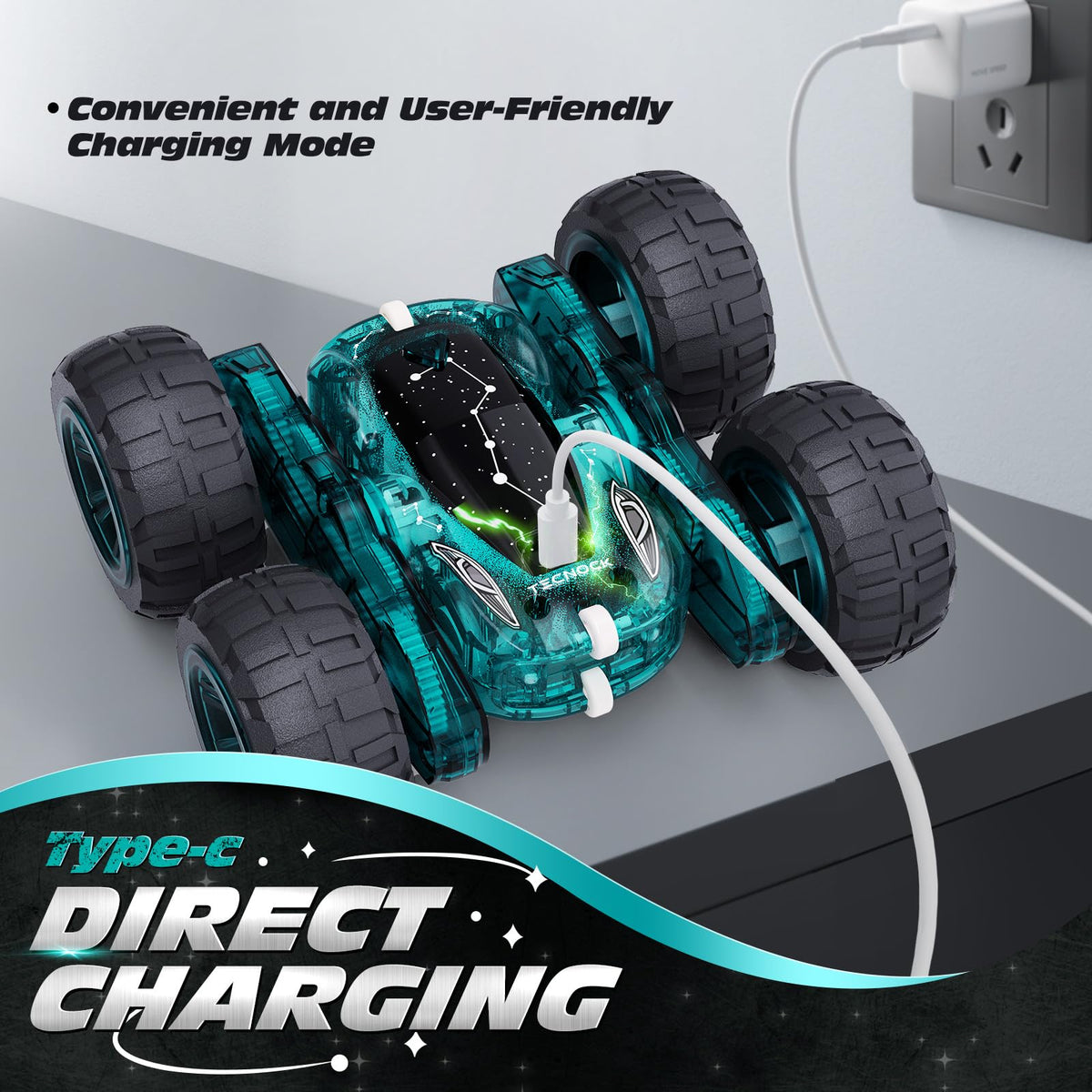 Tecnock RC car with star-design and LED lights for nighttime fun.