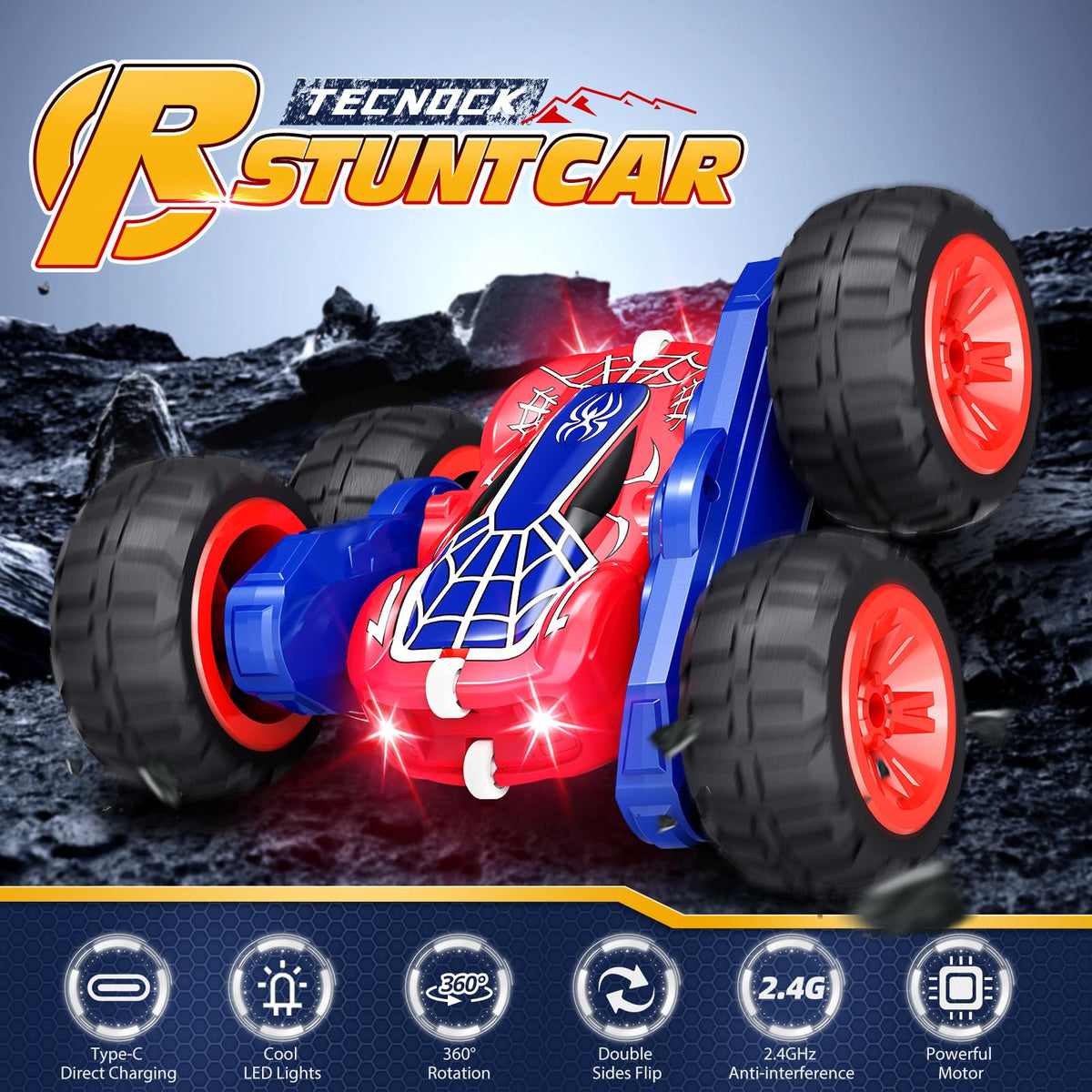 Tecnock Spider RC car performing dynamic 360° spins and 180° flips