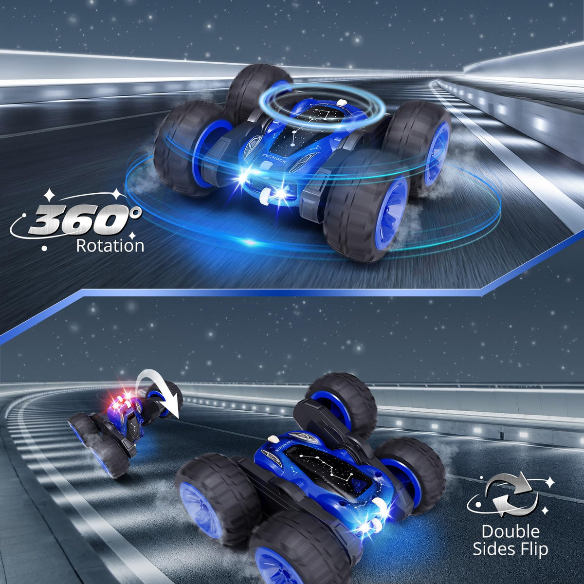 Tecnock stunt car enables 360-degree spins with exciting tricks.