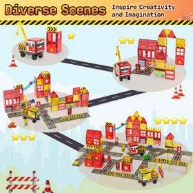 Teekdeer dual-theme tiles image transforming between fire station and construction site.