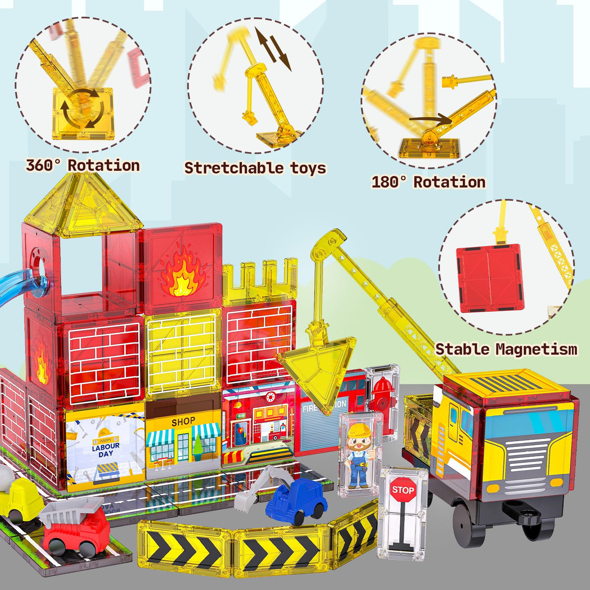 Teekdeer magnetic tiles engineering-vehicles image fueling creative city-building ideas.