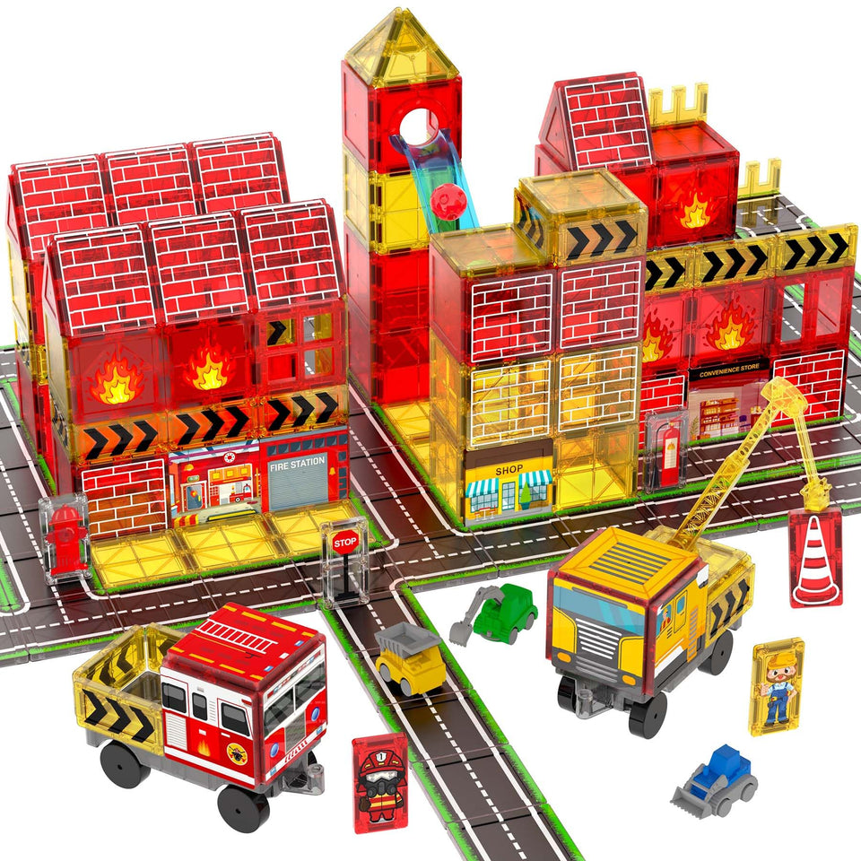 Teekdeer magnetic tiles fire-truck image showing imaginative play and fine motor development.