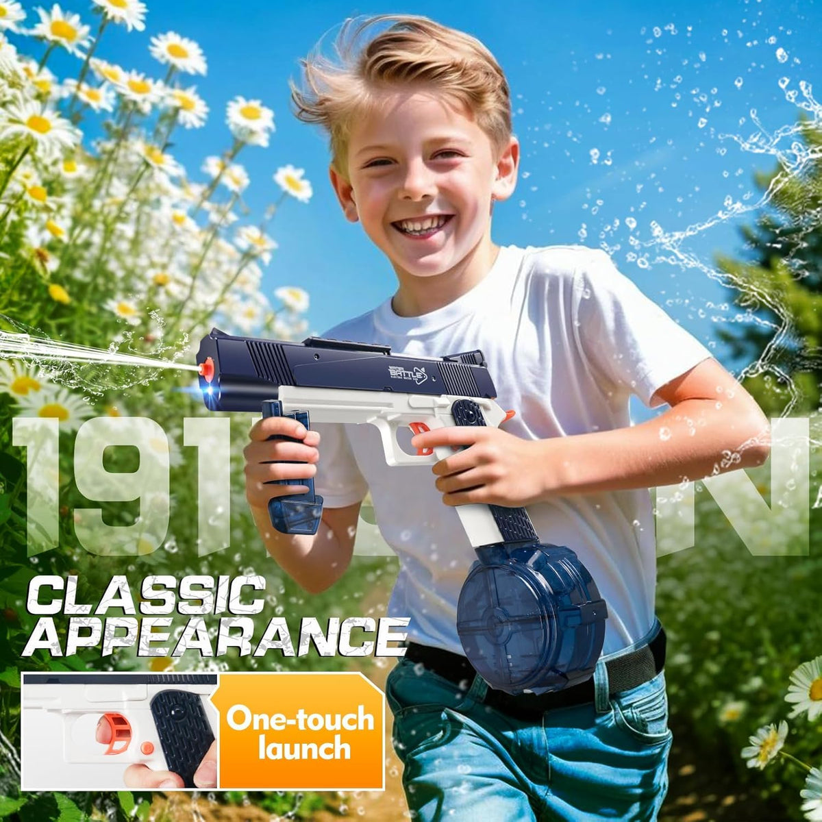 Teengra electric squirt gun features one-button control for effortless rapid firing.