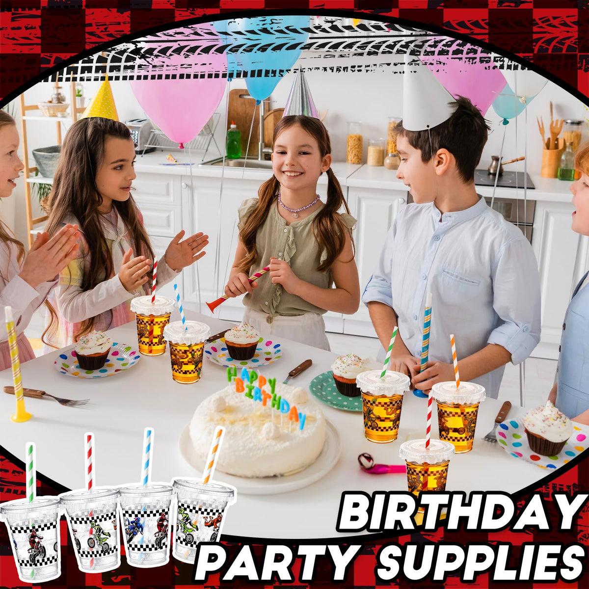 Teenyyou party table setup with dirt bike cups for decoration