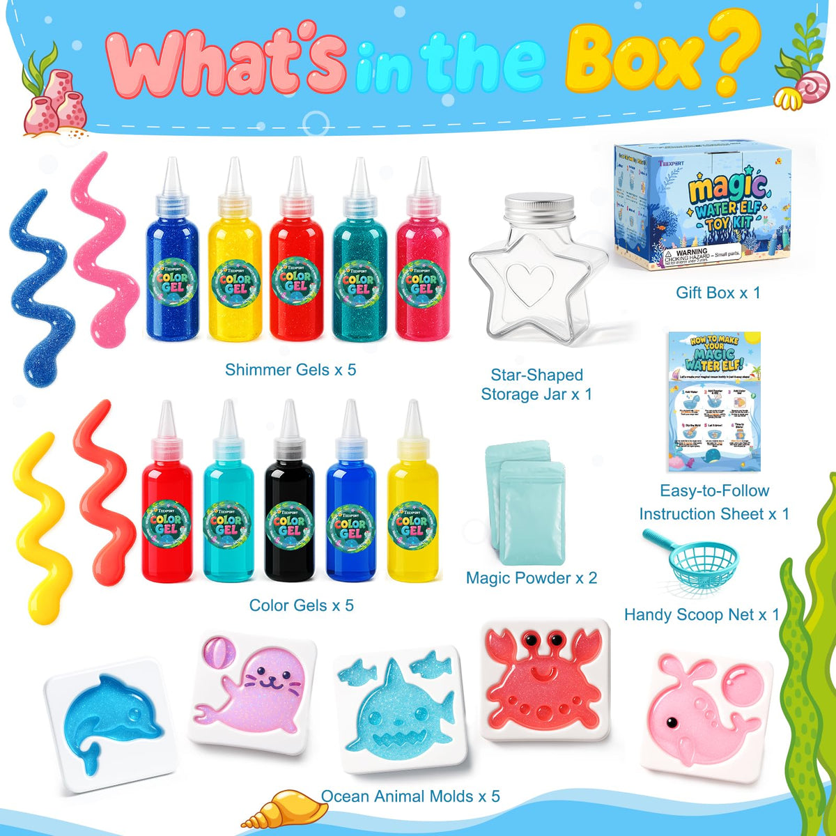 Teexpert Magic Water Elf Toy Kit gift-ready set ideal for birthdays and holidays.