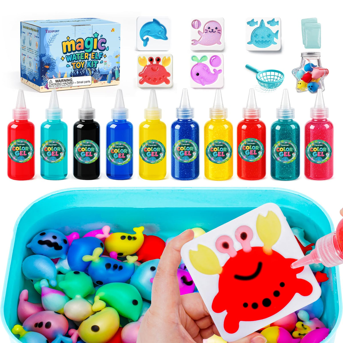 Teexpert Magic Water Elf Toy Kit glitter gels ready for kids to create shimmering sea pets.