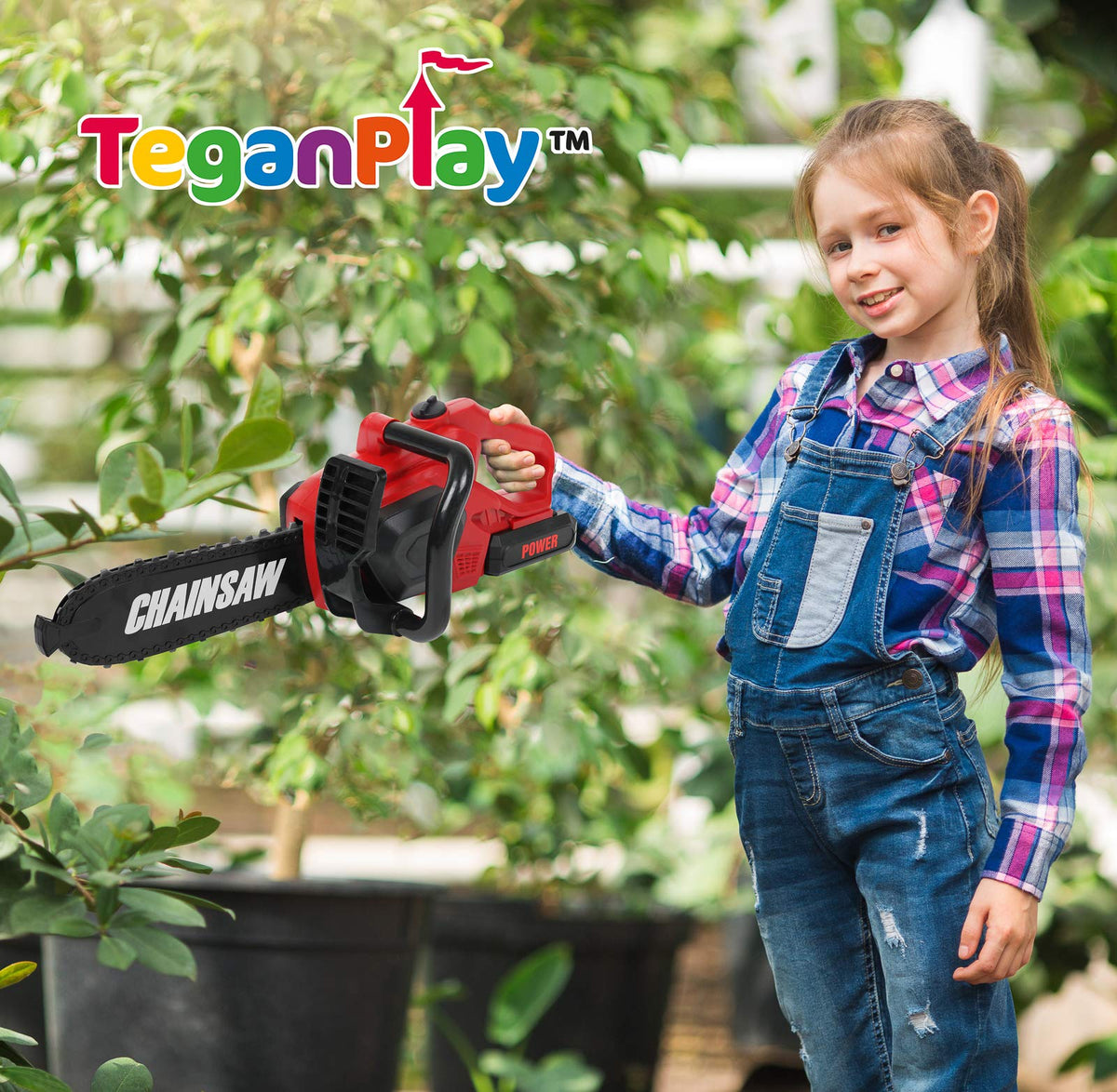 TeganPlay chainsaw for kids with moving blade for dynamic pretend projects.