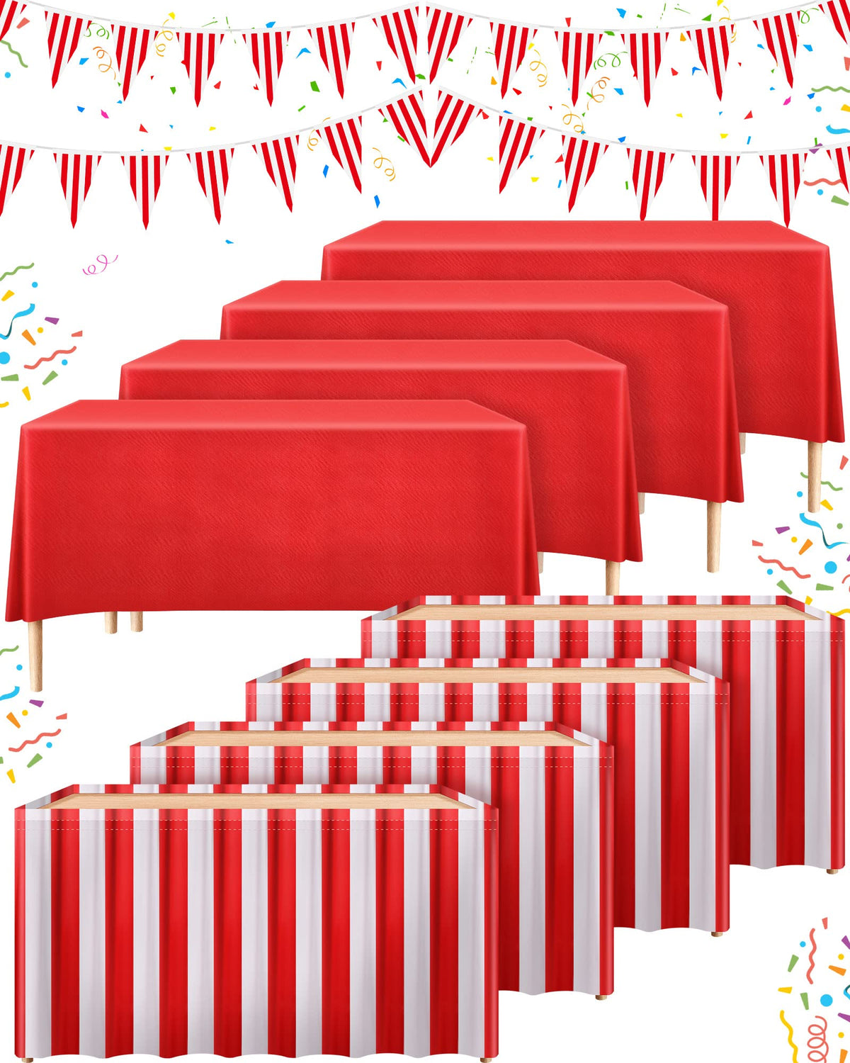 Tegeme carnival table skirt in red and white stripes enhances festive tables.