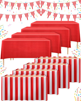 Tegeme carnival table skirt in red and white stripes enhances festive tables.