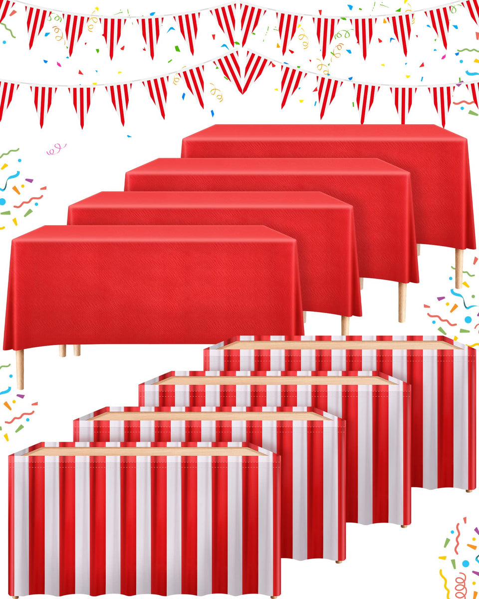 Tegeme carnival table skirt in red and white stripes enhances festive tables.