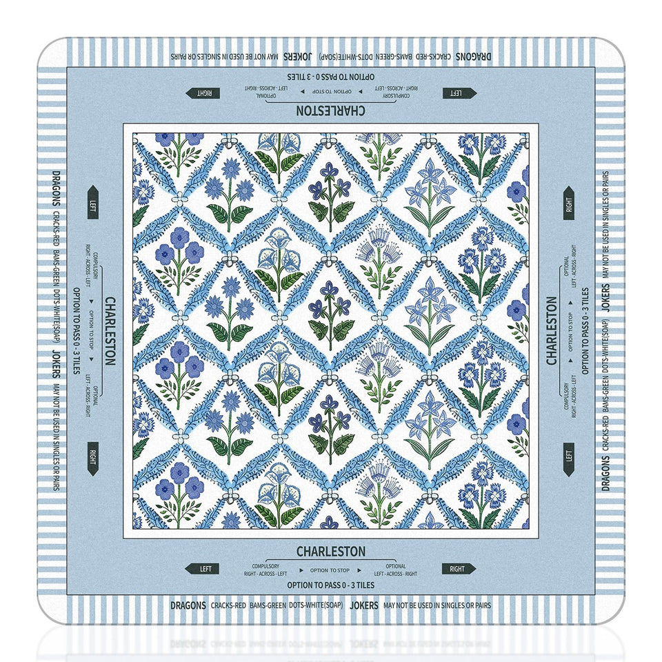 Tegeme Chinoiserie Mahjong Mat with blue purple flowers protects tables during mahjong games
