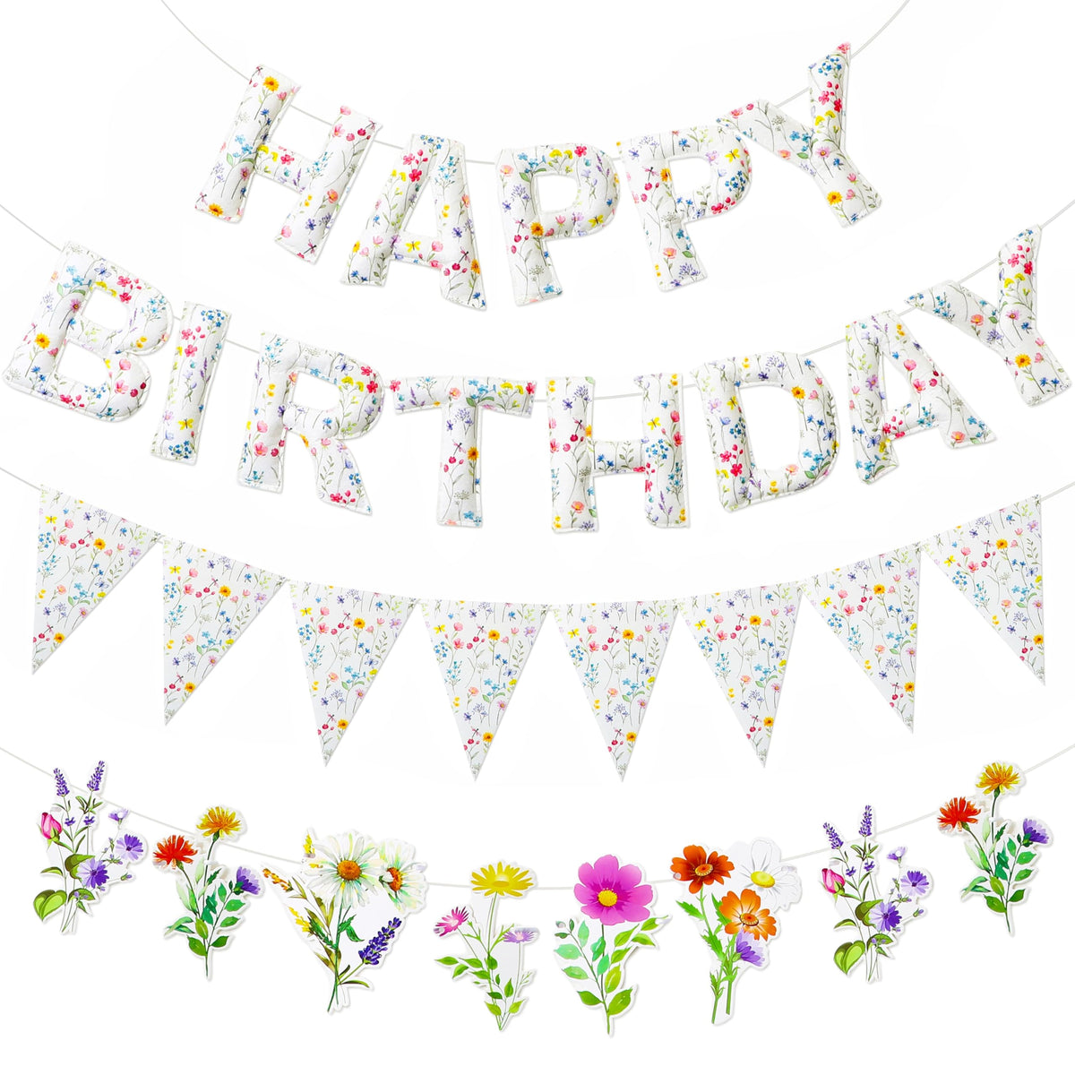 Tegeme wildflower happy birthday banner adds a bright focal point to celebrations.