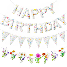 Tegeme wildflower happy birthday banner adds a bright focal point to celebrations.