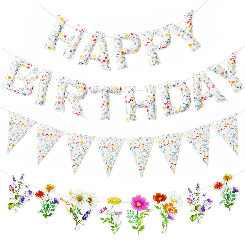 Tegeme wildflower happy birthday banner adds a bright focal point to celebrations.
