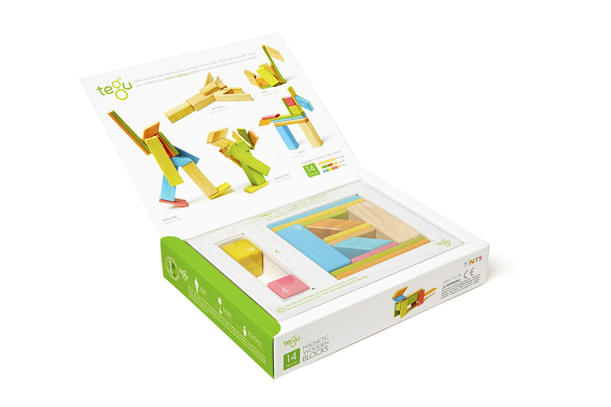 Tegu Wooden Tints Set cubes highlight magnetic play and creative stacking.