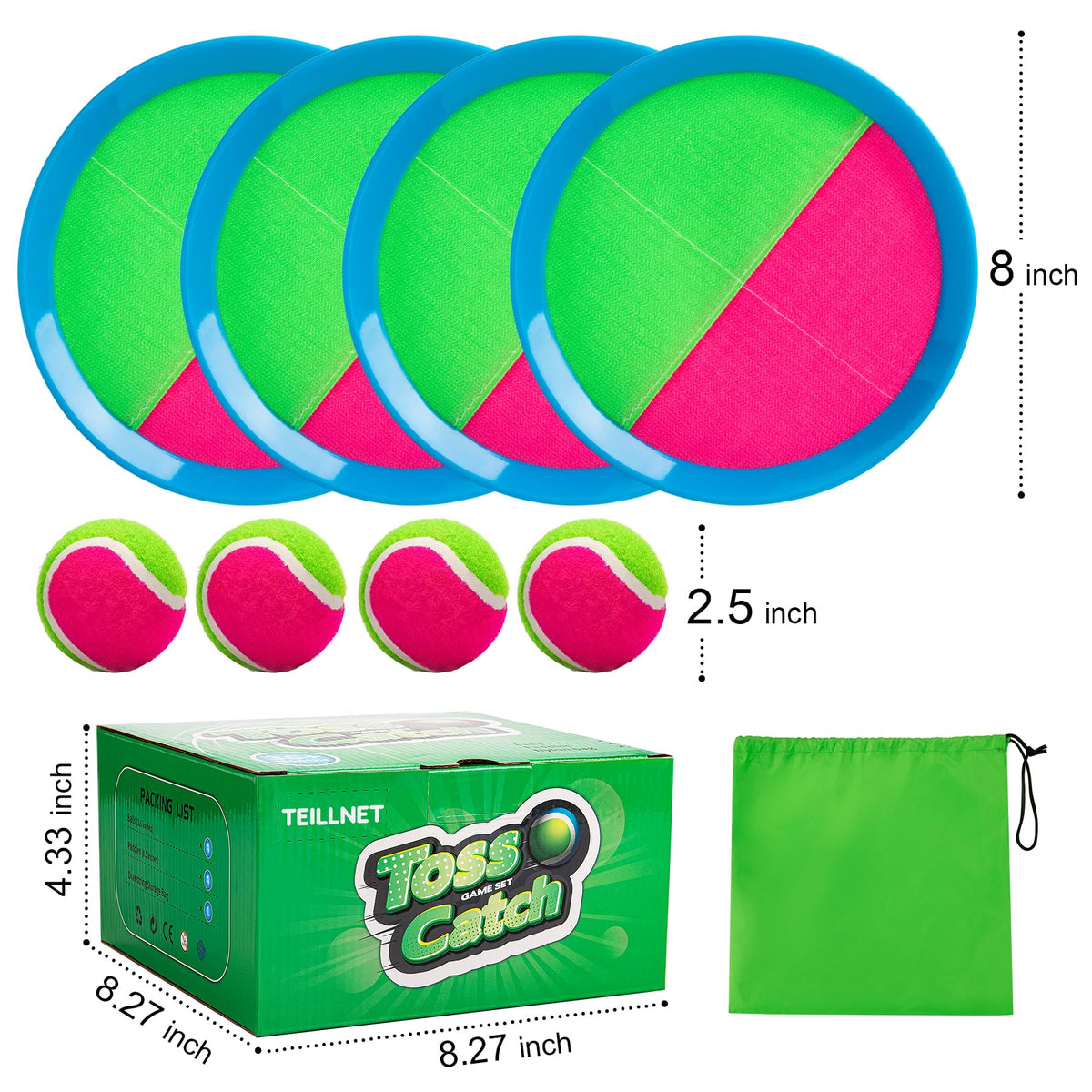 TEILLNET set includes four paddles, four balls, and a compact storage bag for easy transport