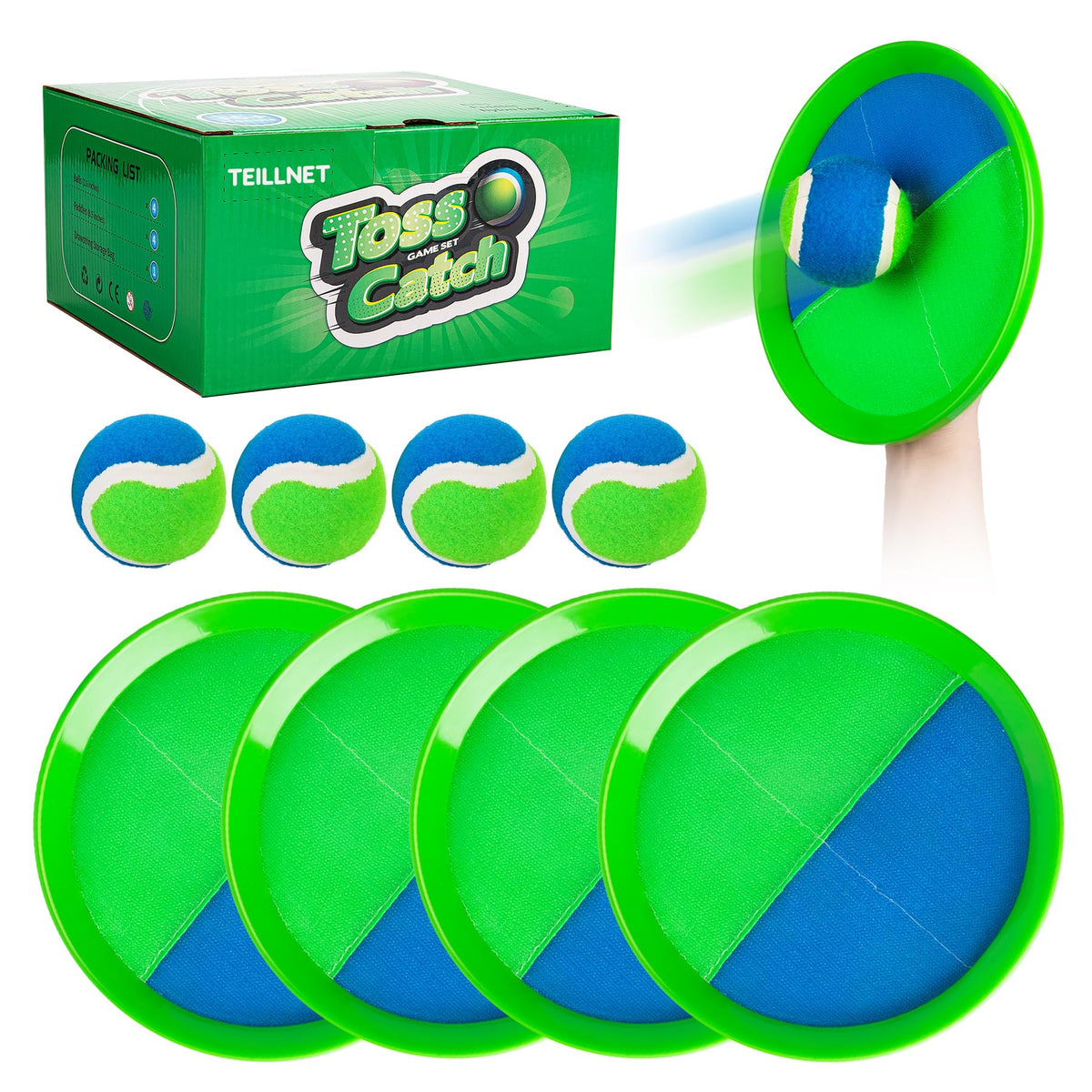 TEILLNET Toss and Catch paddles with comfortable grips for family play and coordination.