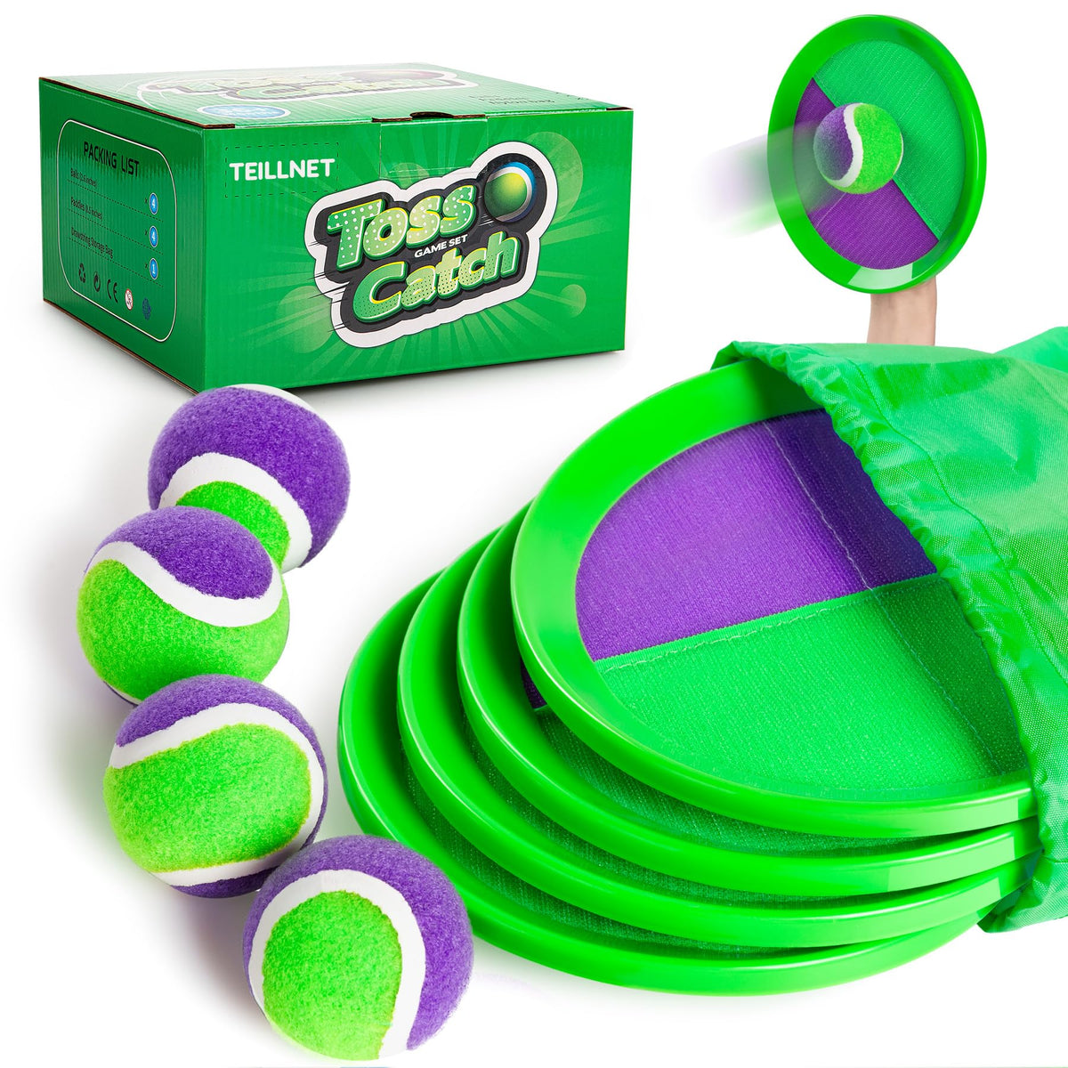 TEILLNET Toss and Catch paddles close-up showing durable nylon fabric for beach play.