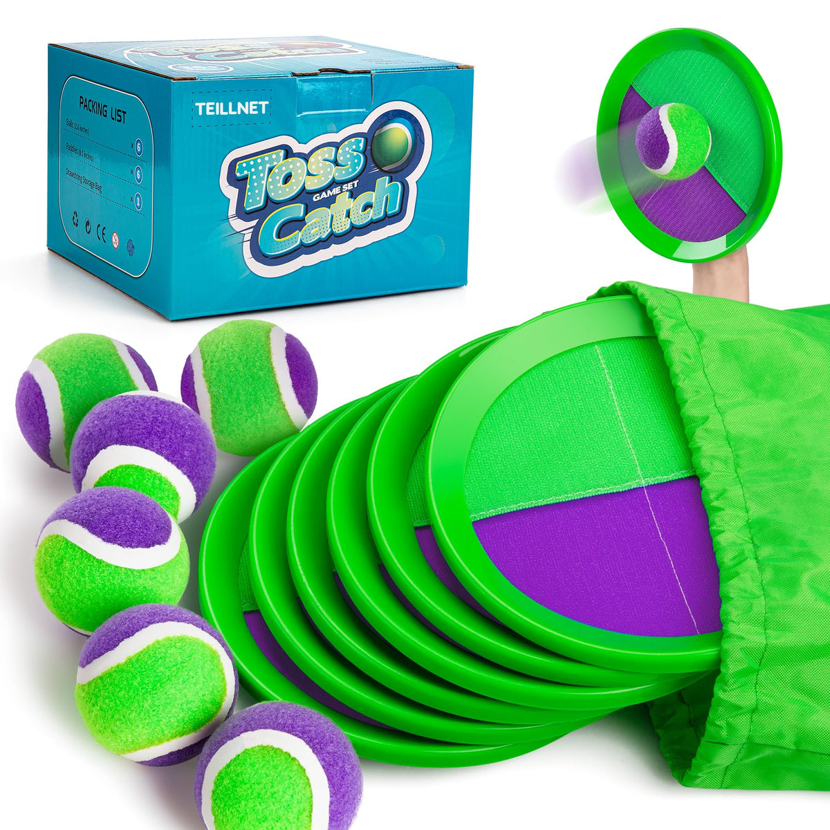TEILLNET toss and catch paddles shown ready for durable outdoor fun.