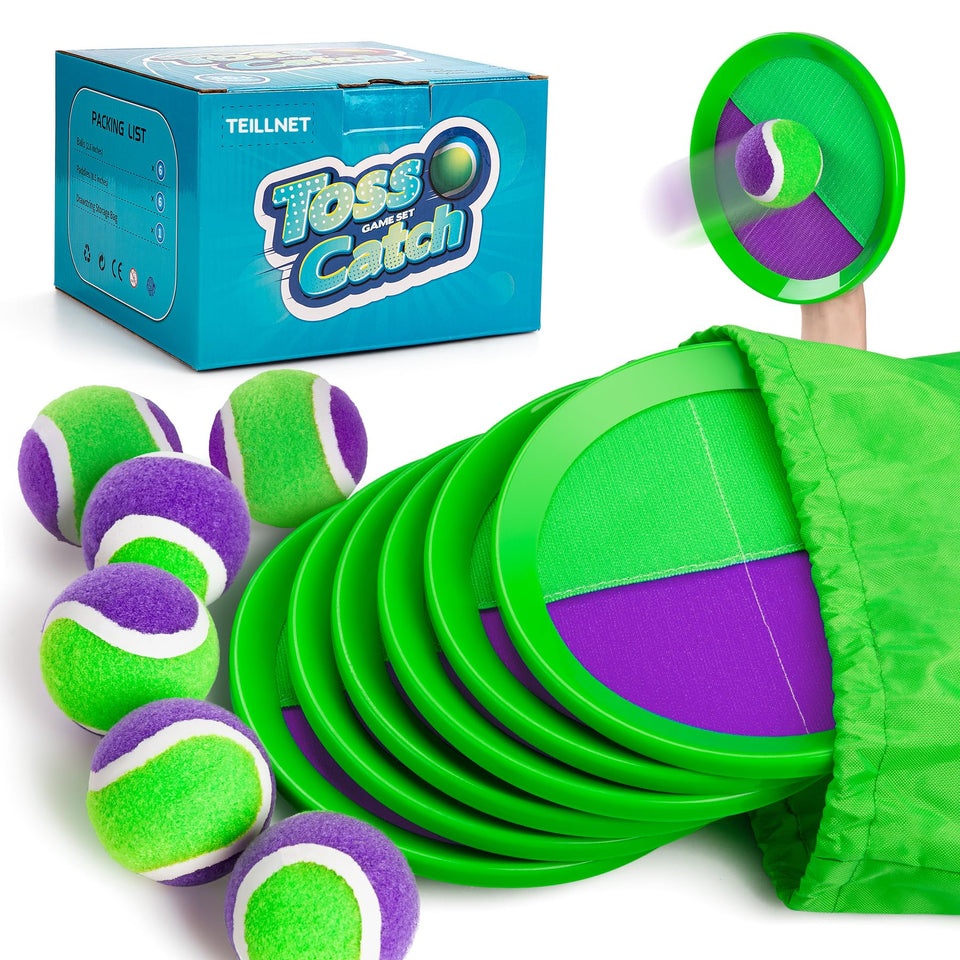 TEILLNET toss and catch paddles shown ready for durable outdoor fun.