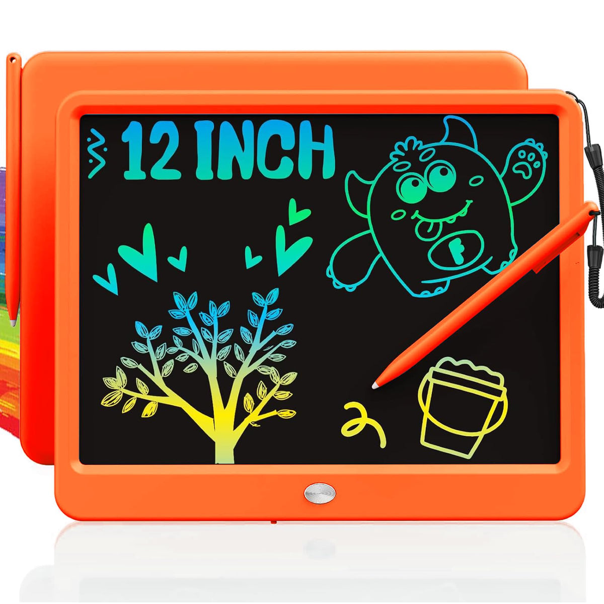TEKFUN 12-inch LCD writing tablet in orange front view for kids' doodling.