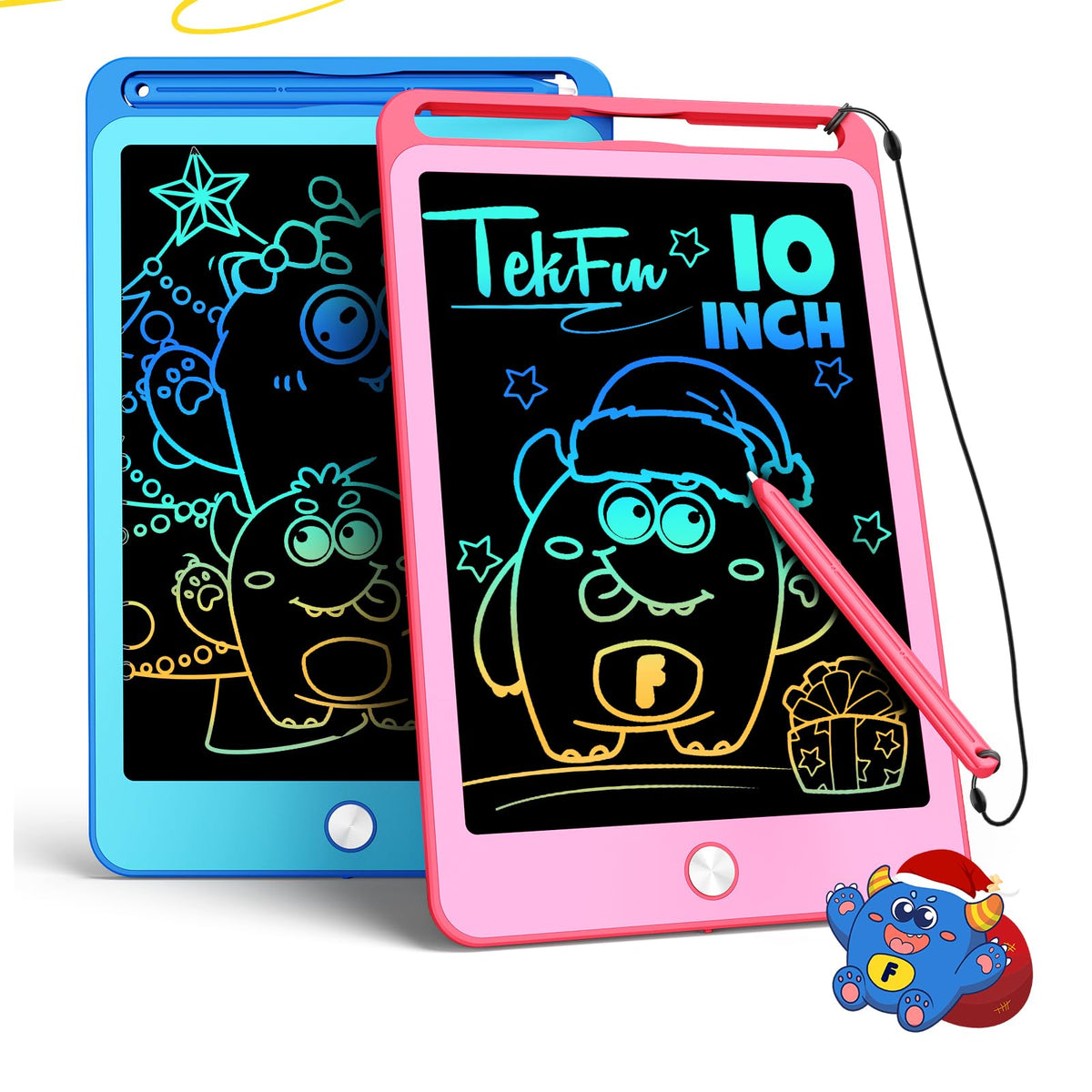TEKFUN 2-pack 10-inch doodle boards in blue and pink with lanyards for mess-free drawing